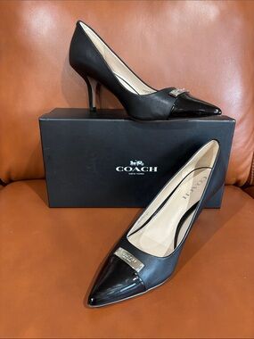 Coach Black Pointed-Toe Leather Pumps with Patent Toe Cap
